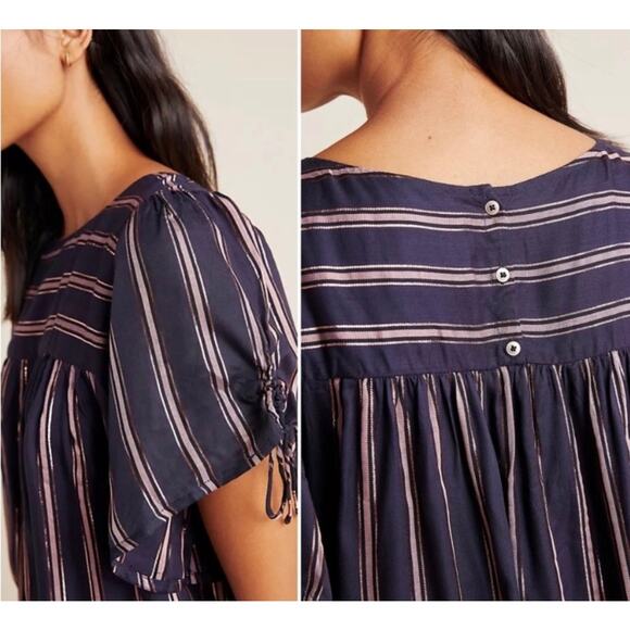 By Anthropologie Navy & Metallic Striped Tie Short Sleeve Peasant Blouse Top L - Picture 9 of 9
